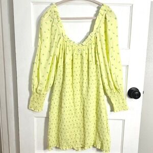 Faithfull The Brand Floral Smocked Long Sleeve Yellow Mini Dress Size L Romantic